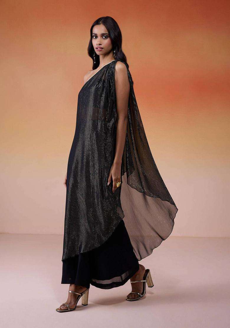 Black Georgette Lurex Asymmetric Kurta Set of 3 for Women Fusion Wear - Indya
