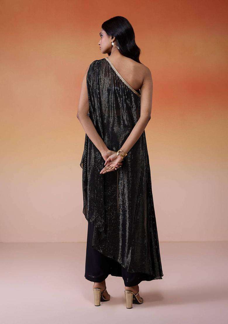 Black Georgette Lurex Asymmetric Kurta Set of 3 for Women Fusion Wear - Indya