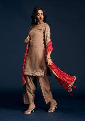 Brown Chanderi Embellished Kurta Farshi Salwar and Dupatta Set of 3 for Women Festive Wear