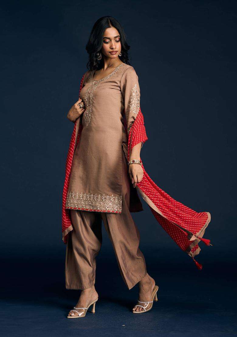 Brown Chanderi Embellished Kurta Farshi Salwar and Dupatta Set of 3 for Women Festive Wear - Indya