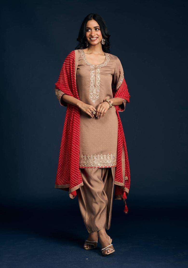 Brown Chanderi Embellished Kurta Farshi Salwar and Dupatta Set of 3 for Women Festive Wear - Indya