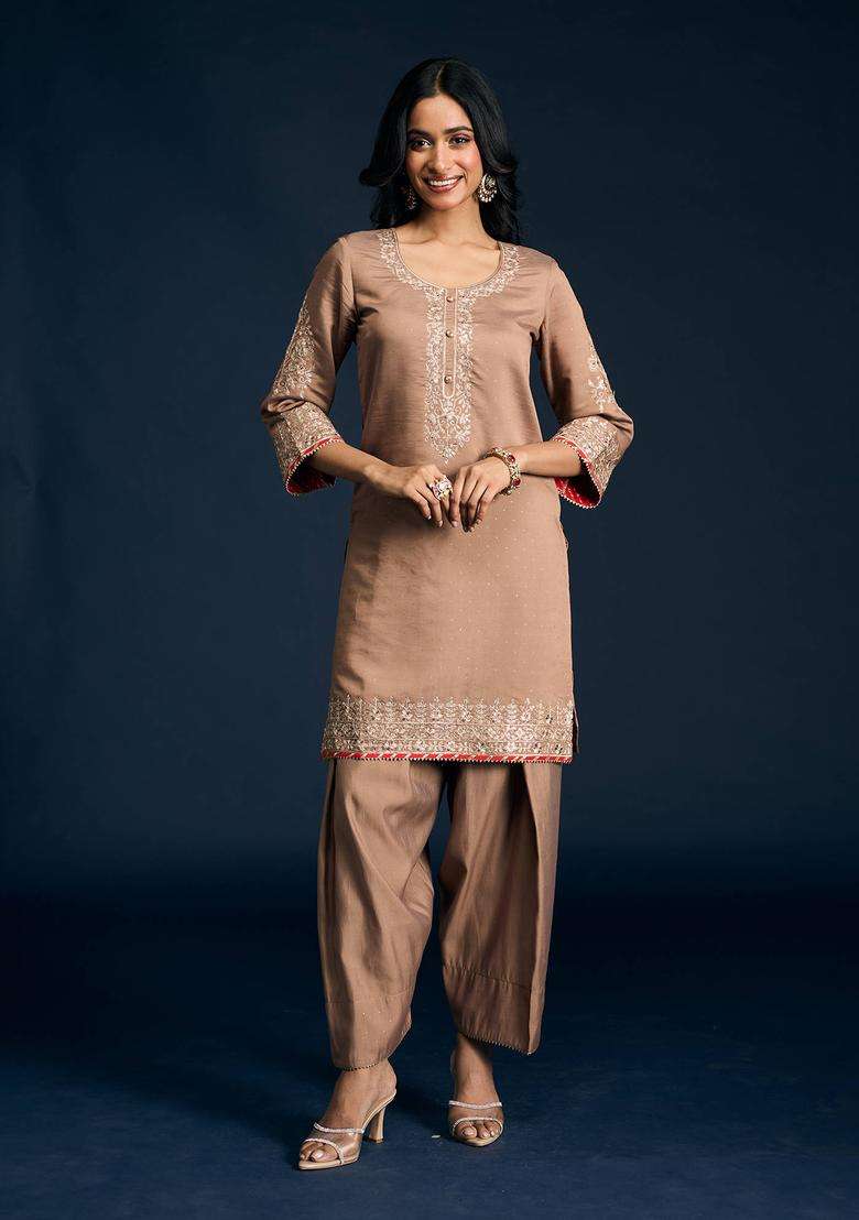 Brown Chanderi Embellished Kurta Farshi Salwar and Dupatta Set of 3 for Women Festive Wear - Indya