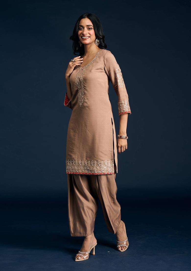 Brown Chanderi Embellished Kurta Farshi Salwar and Dupatta Set of 3 for Women Festive Wear - Indya