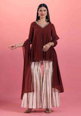 Brown Georgette Embroidered Kurta Sharara and Dupatta Set of 3 for Women Wedding Wear