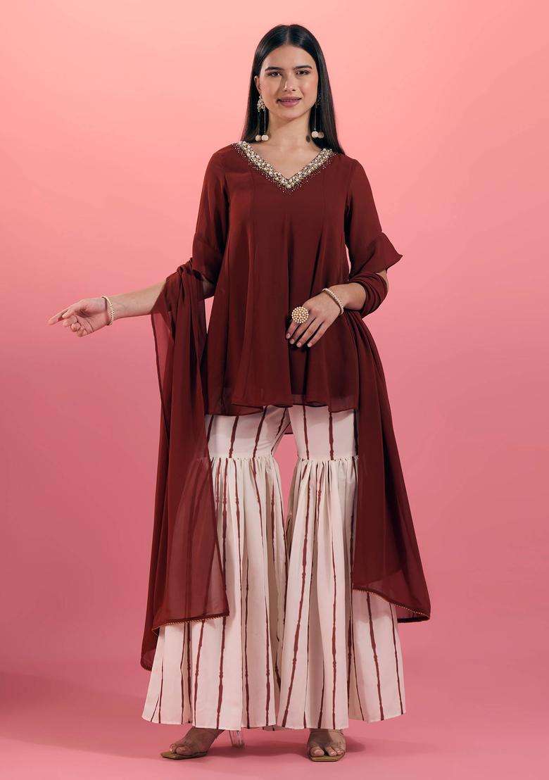 Brown Georgette Embroidered Kurta Sharara and Dupatta Set of 3 for Women Wedding Wear - Indya