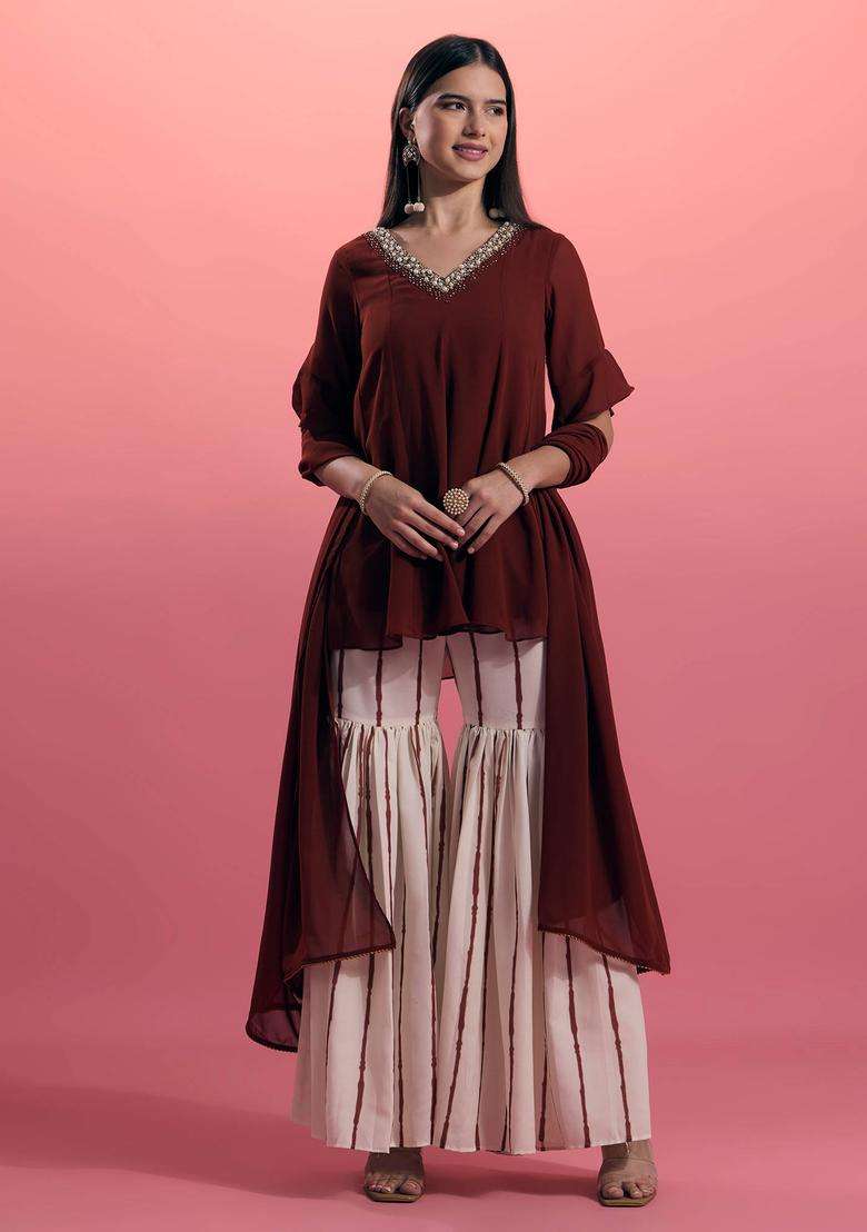 Brown Georgette Embroidered Kurta Sharara and Dupatta Set of 3 for Women Wedding Wear - Indya