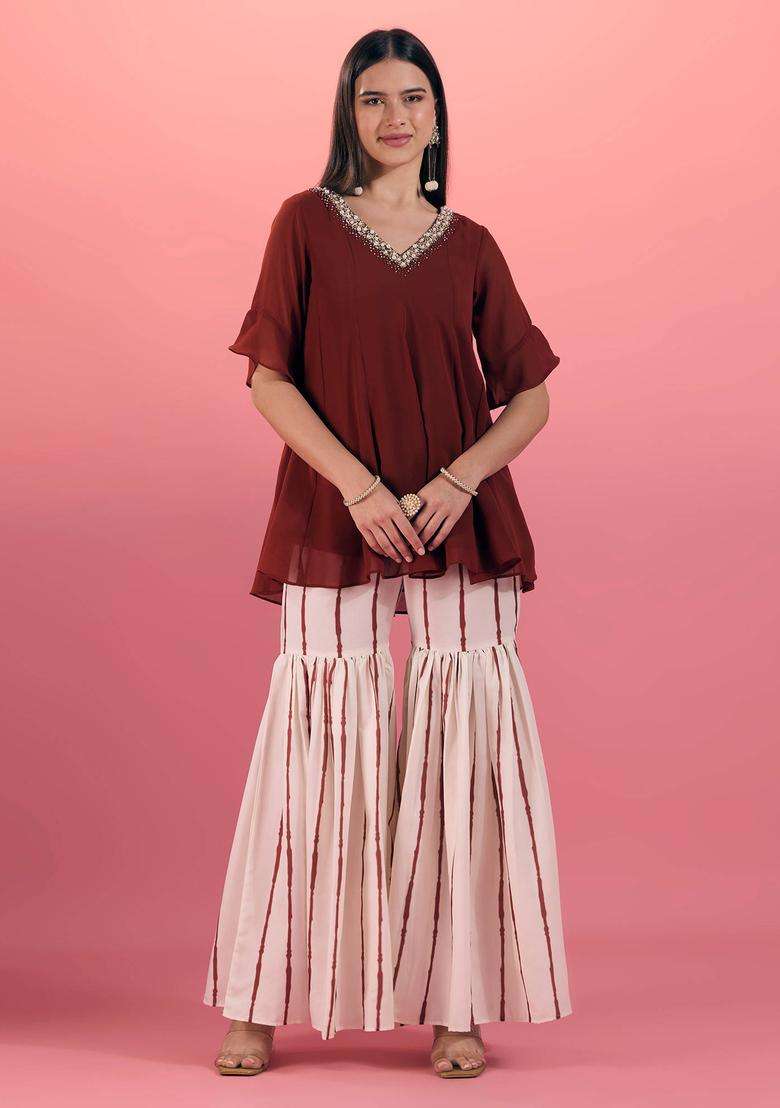 Brown Georgette Embroidered Kurta Sharara and Dupatta Set of 3 for Women Wedding Wear - Indya