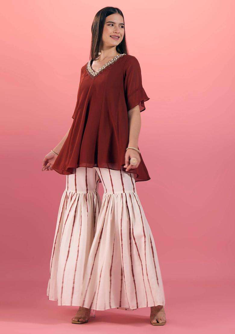 Brown Georgette Embroidered Kurta Sharara and Dupatta Set of 3 for Women Wedding Wear - Indya
