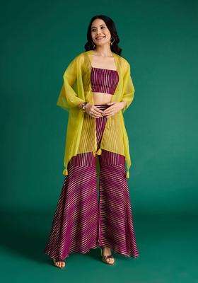 Burgundy Georgette Lurex Top Sharara and Cape Set of 3 for Women Fusion Wear