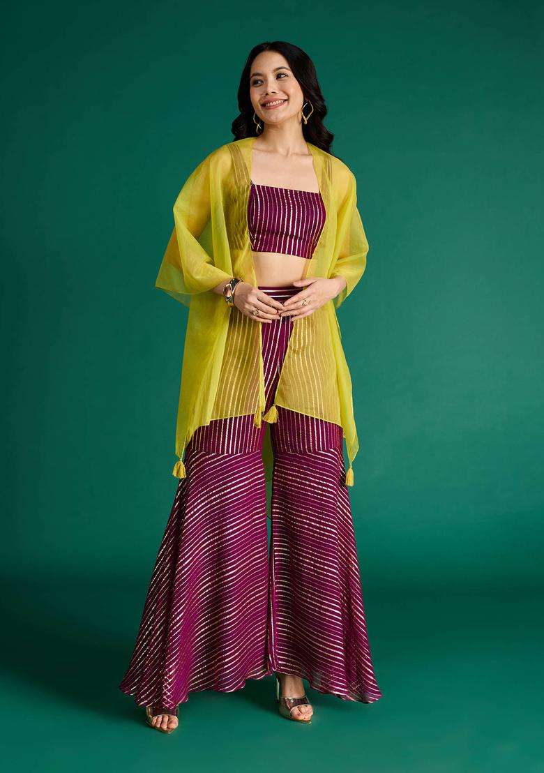 Burgundy Georgette Lurex Top Sharara and Cape Set of 3 for Women Fusion Wear - Indya