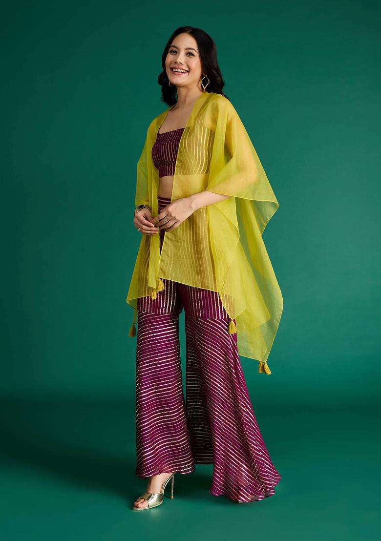 Burgundy Georgette Lurex Top Sharara and Cape Set of 3 for Women Fusion Wear - Indya