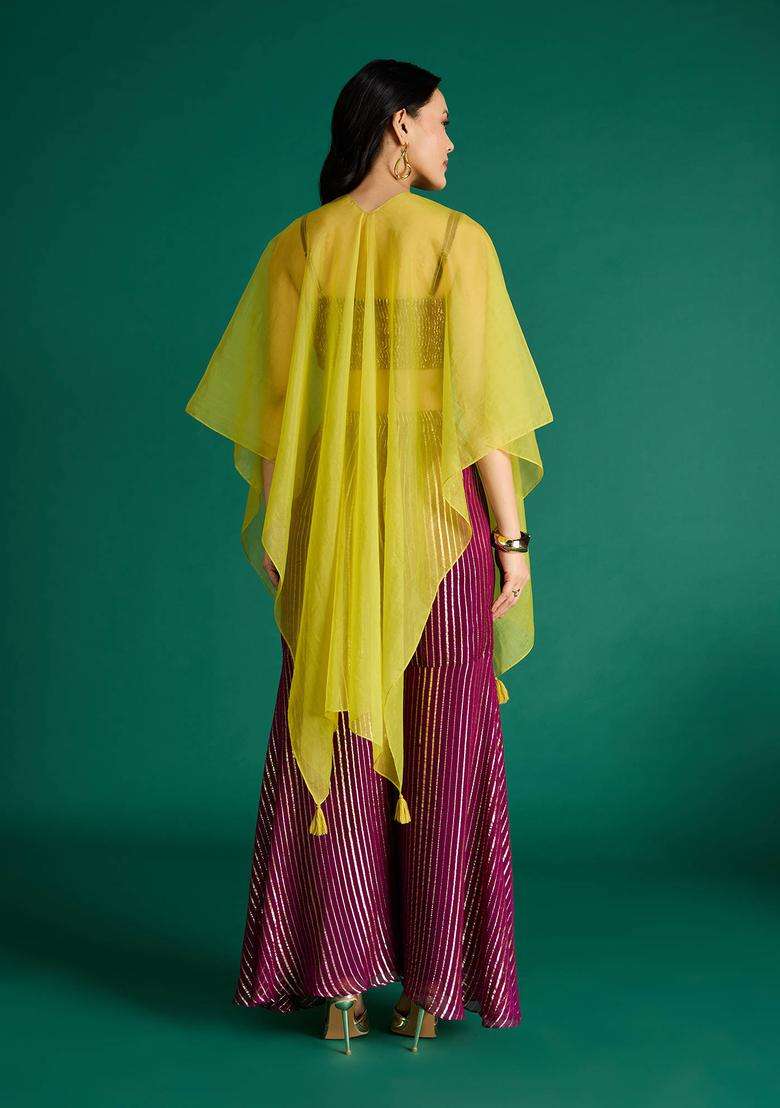 Burgundy Georgette Lurex Top Sharara and Cape Set of 3 for Women Fusion Wear - Indya