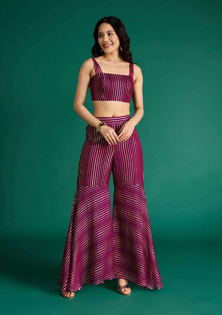 Burgundy Georgette Lurex Top Sharara and Cape Set of 3 for Women Fusion Wear - Indya