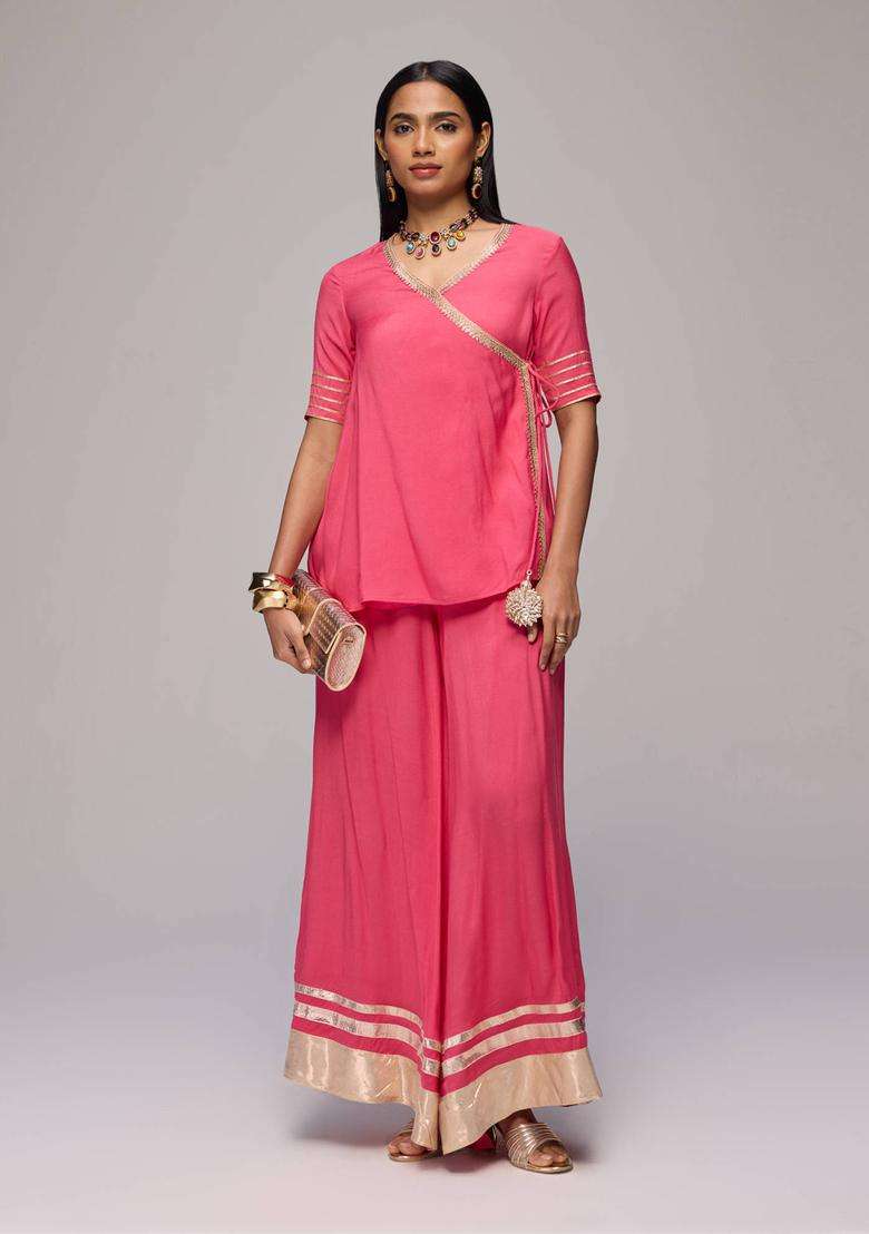 Coral Gota Embellished Angarakha and Palazzo Set of 2 for Women Festive Wear - Indya
