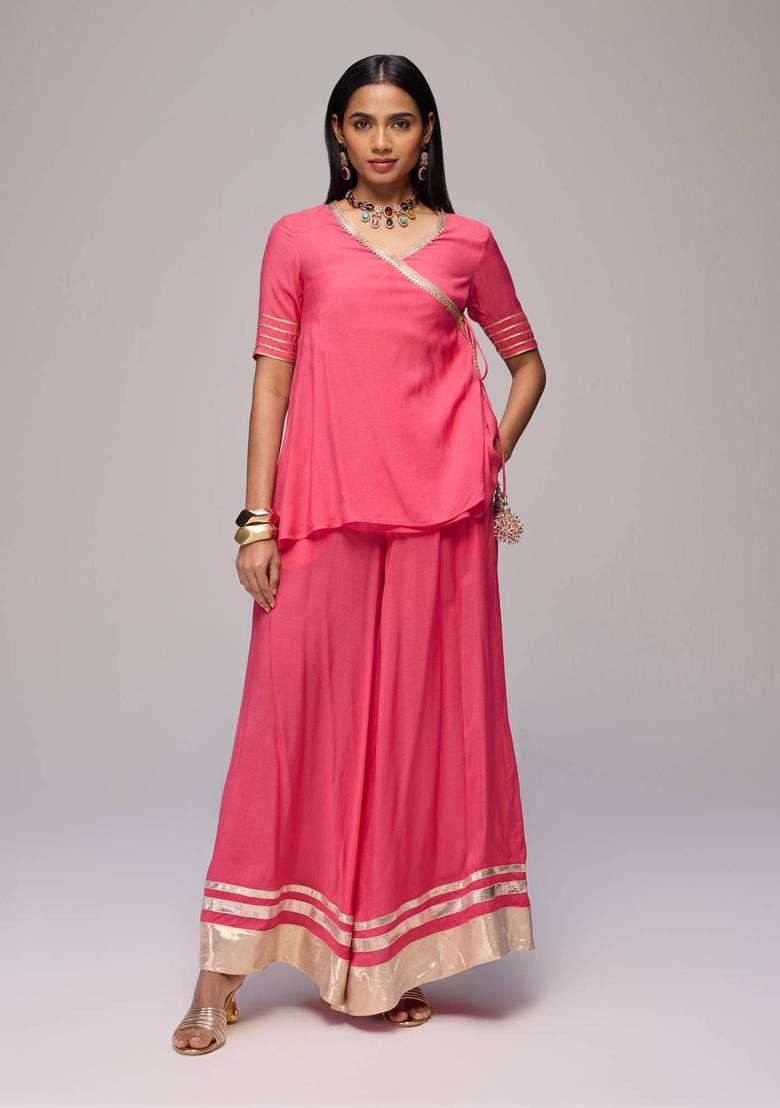 Coral Gota Embellished Angarakha and Palazzo Set of 2 for Women Festive Wear - Indya