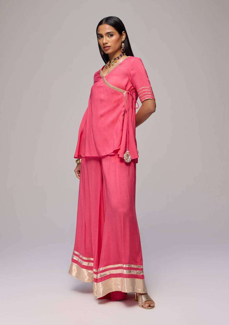 Coral Gota Embellished Angarakha and Palazzo Set of 2 for Women Festive Wear - Indya