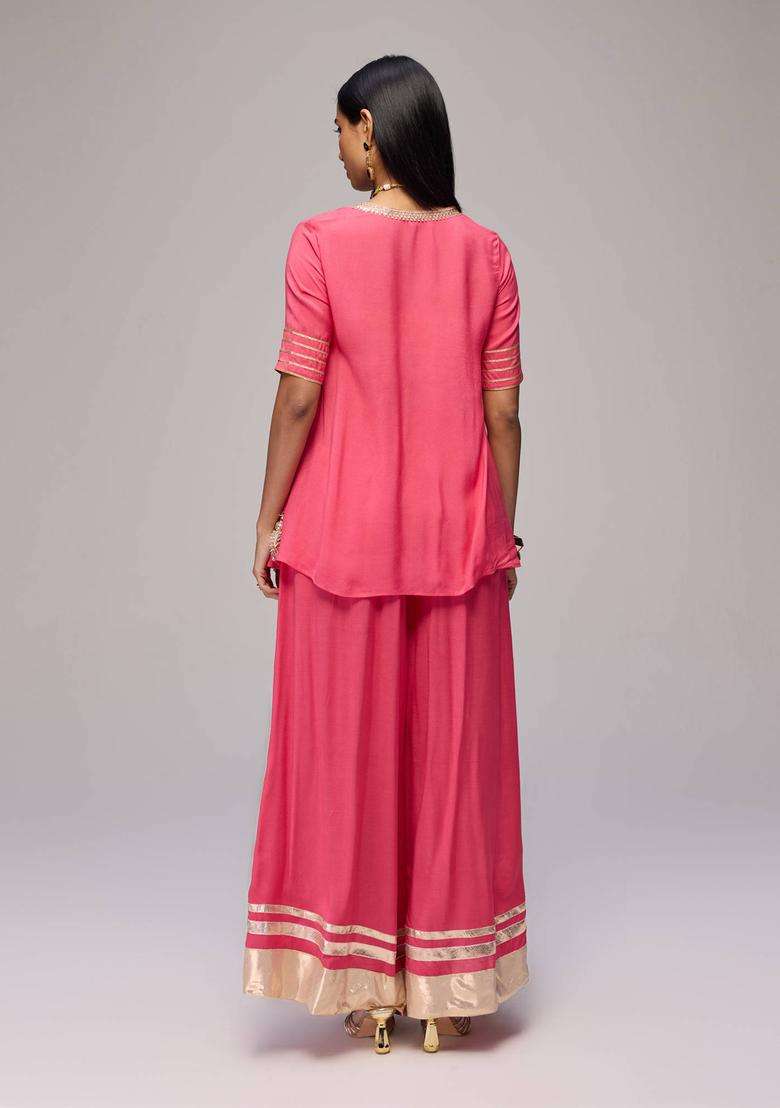 Coral Gota Embellished Angarakha and Palazzo Set of 2 for Women Festive Wear - Indya