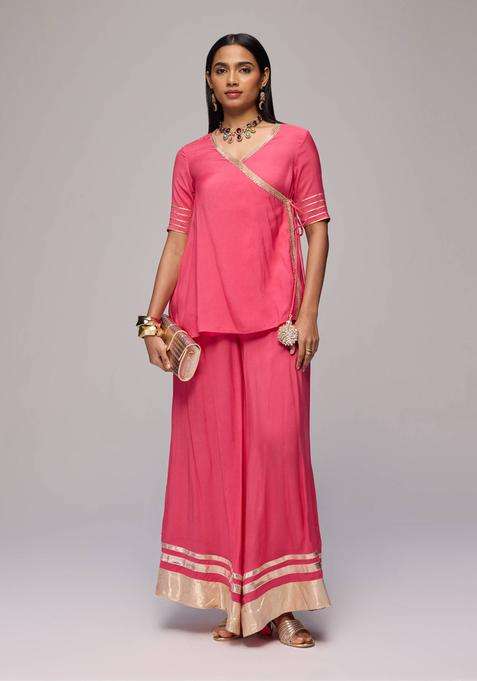 Coral Gota Embellished Angarakha and Palazzo Set of 2 for Women Festive Wear