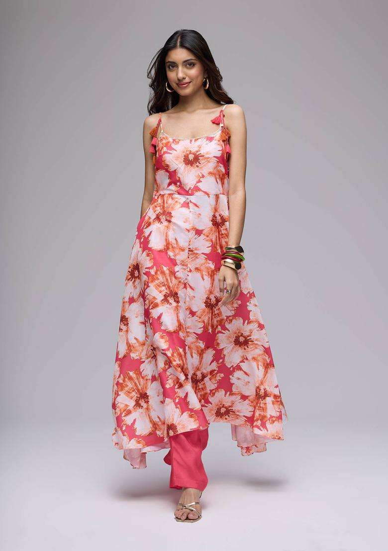 Coral Poly Silk Floral Strappy Kurta and Pant with Dupatta Set of 3 for Women Festive Wear - Indya