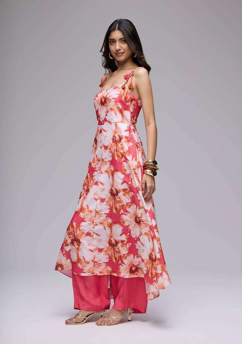 Coral Poly Silk Floral Strappy Kurta and Pant with Dupatta Set of 3 for Women Festive Wear - Indya