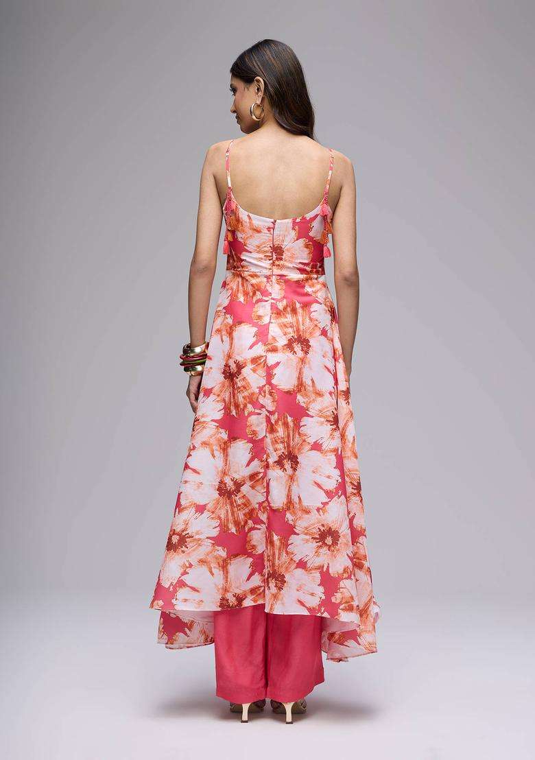 Coral Poly Silk Floral Strappy Kurta and Pant with Dupatta Set of 3 for Women Festive Wear - Indya