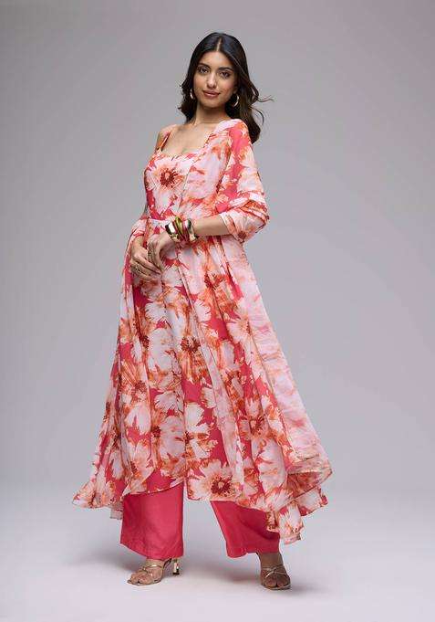 Coral Poly Silk Floral Strappy Kurta and Pant with Dupatta Set of 3 for Women Festive Wear