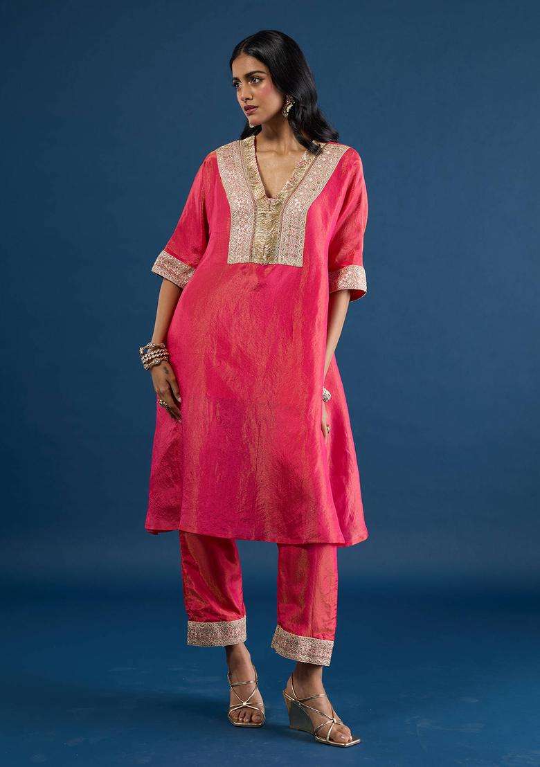 Coral Tissue Embellished Kurta and Pant Set of 2 for Women Festive Wear - Indya