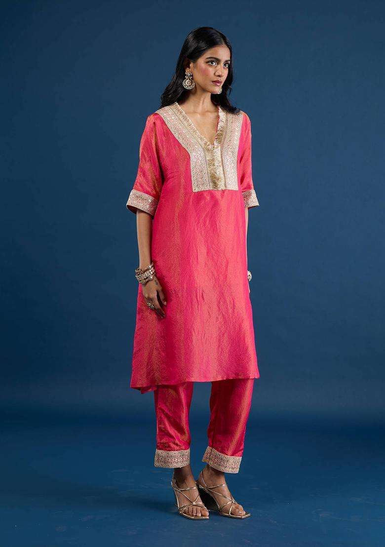 Coral Tissue Embellished Kurta and Pant Set of 2 for Women Festive Wear - Indya