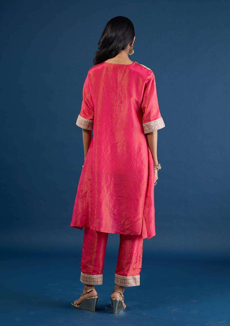 Coral Tissue Embellished Kurta and Pant Set of 2 for Women Festive Wear - Indya