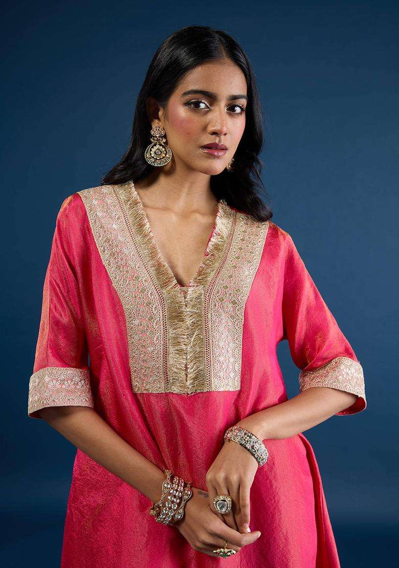 Coral Tissue Embellished Kurta and Pant Set of 2 for Women Festive Wear - Indya