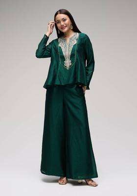 Dark Green Chinon Embroidered Kurta with Sharara Set of 2 for Women Festive Wear