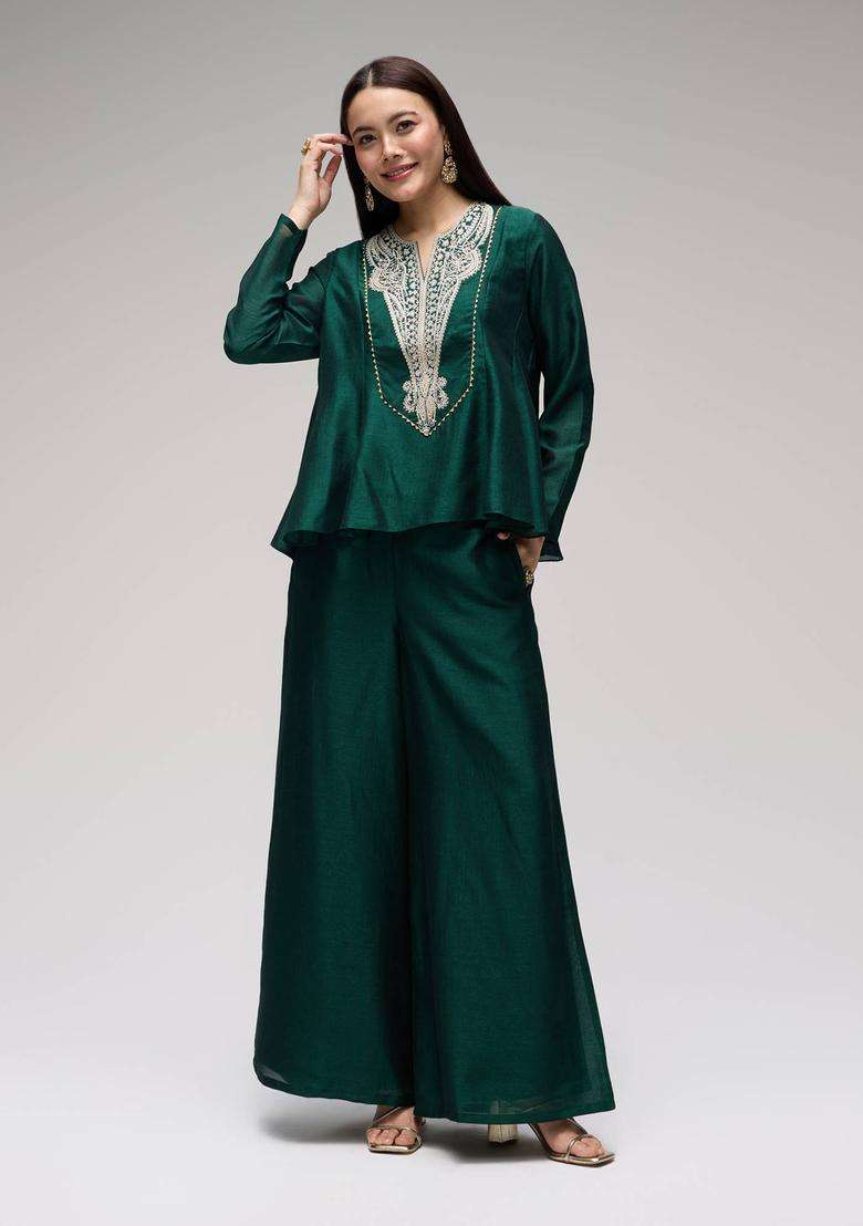 Dark Green Chinon Embroidered Kurta with Sharara Set of 2 for Women Festive Wear - Indya