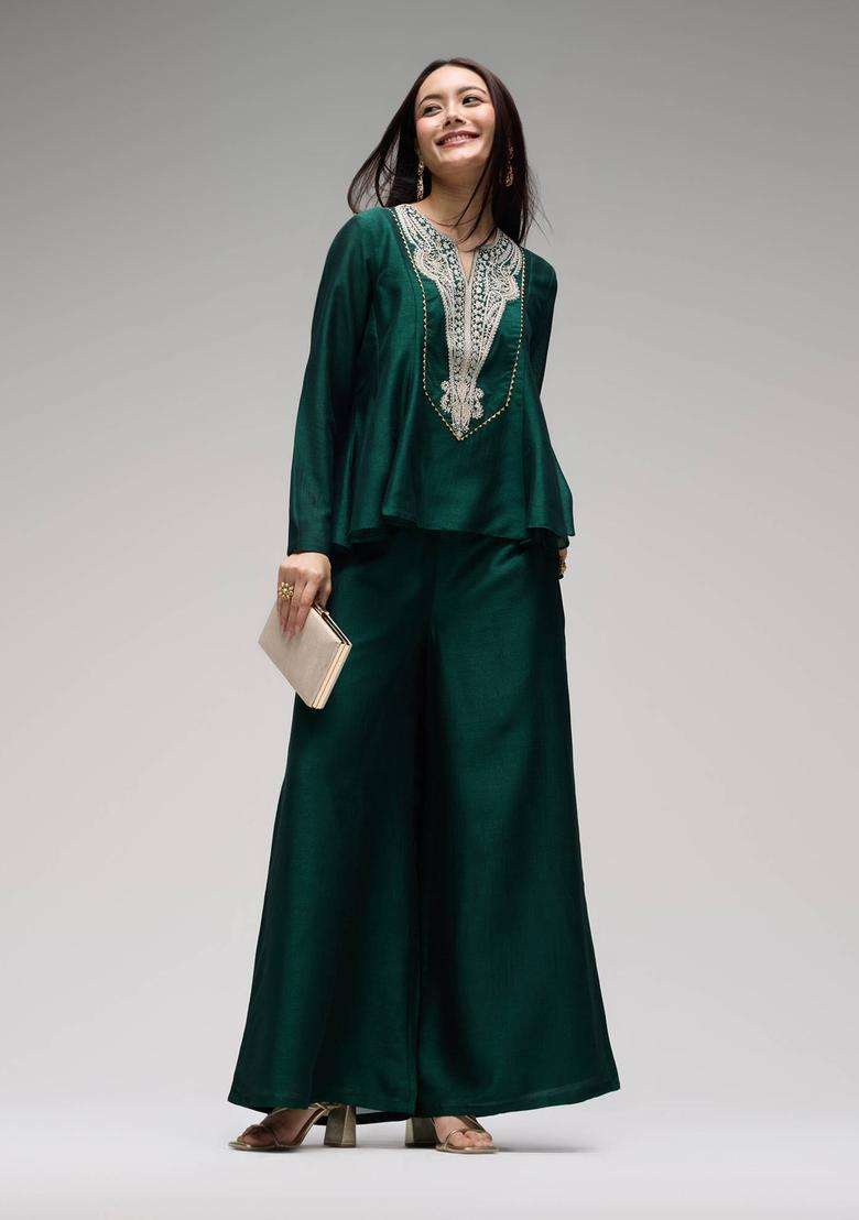 Dark Green Chinon Embroidered Kurta with Sharara Set of 2 for Women Festive Wear - Indya