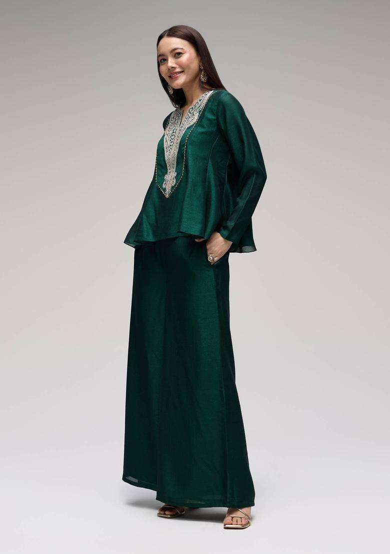 Dark Green Chinon Embroidered Kurta with Sharara Set of 2 for Women Festive Wear - Indya