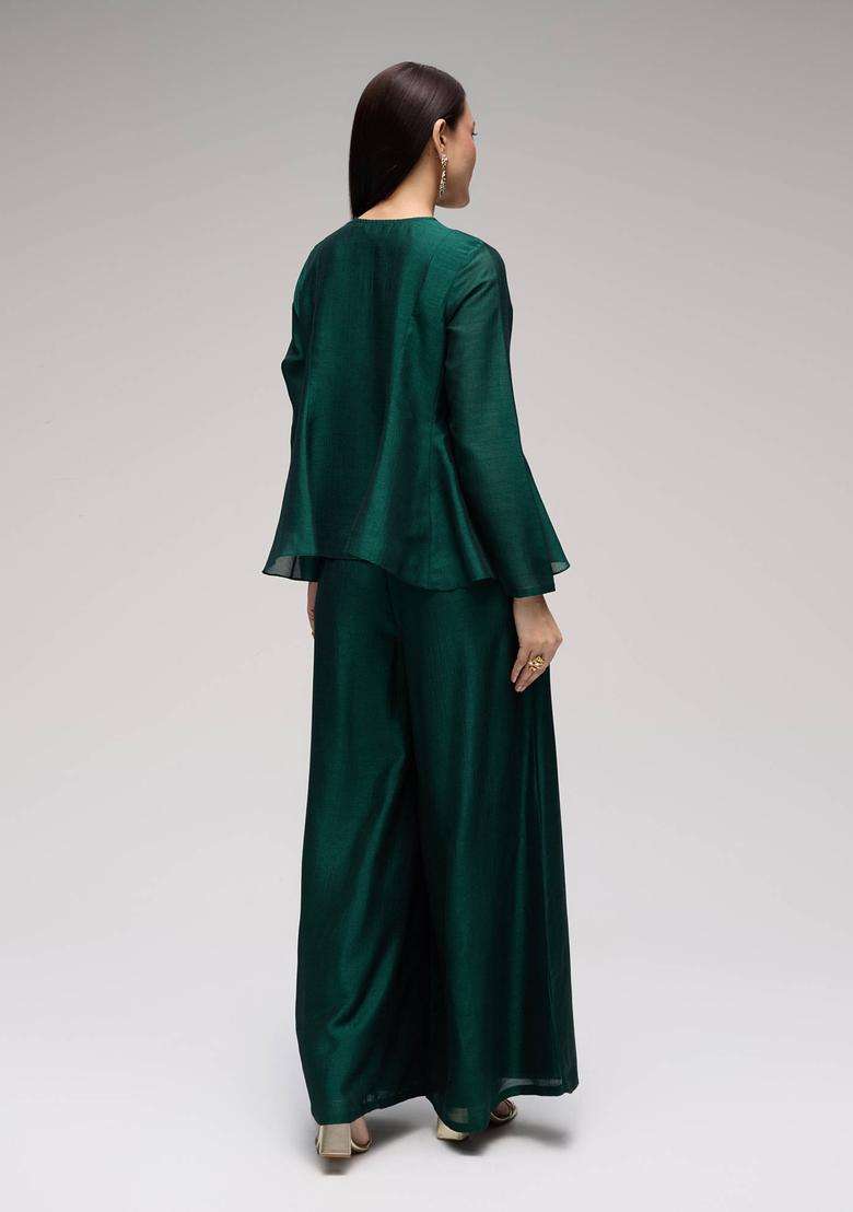Dark Green Chinon Embroidered Kurta with Sharara Set of 2 for Women Festive Wear - Indya