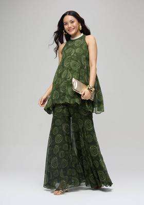 Green Chiffon Printed High Neck Panel Kurta with Sharara Set of 2 for Women Festive Wear