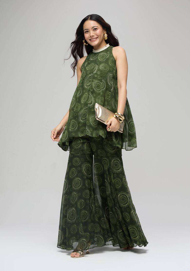 Green Chiffon Printed High Neck Panel Kurta with Sharara Set of 2 for Women Festive Wear - Indya