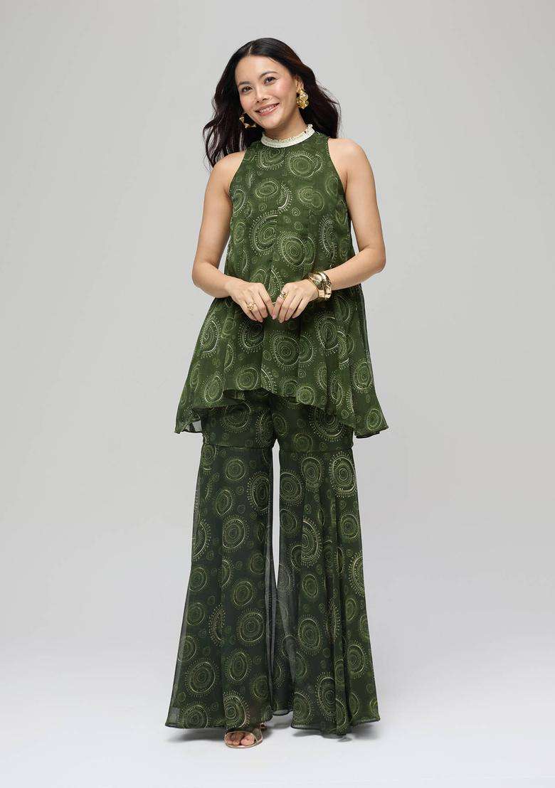 Green Chiffon Printed High Neck Panel Kurta with Sharara Set of 2 for Women Festive Wear - Indya