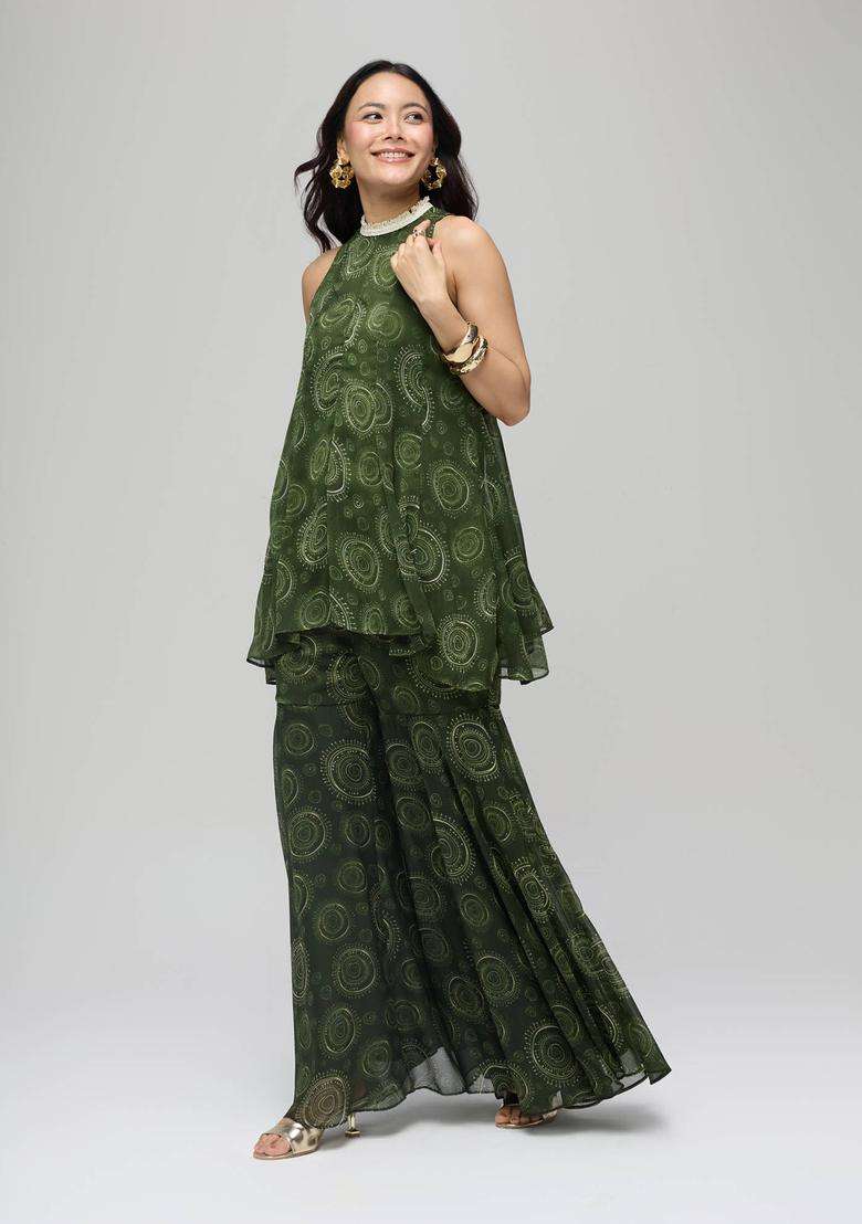 Green Chiffon Printed High Neck Panel Kurta with Sharara Set of 2 for Women Festive Wear - Indya