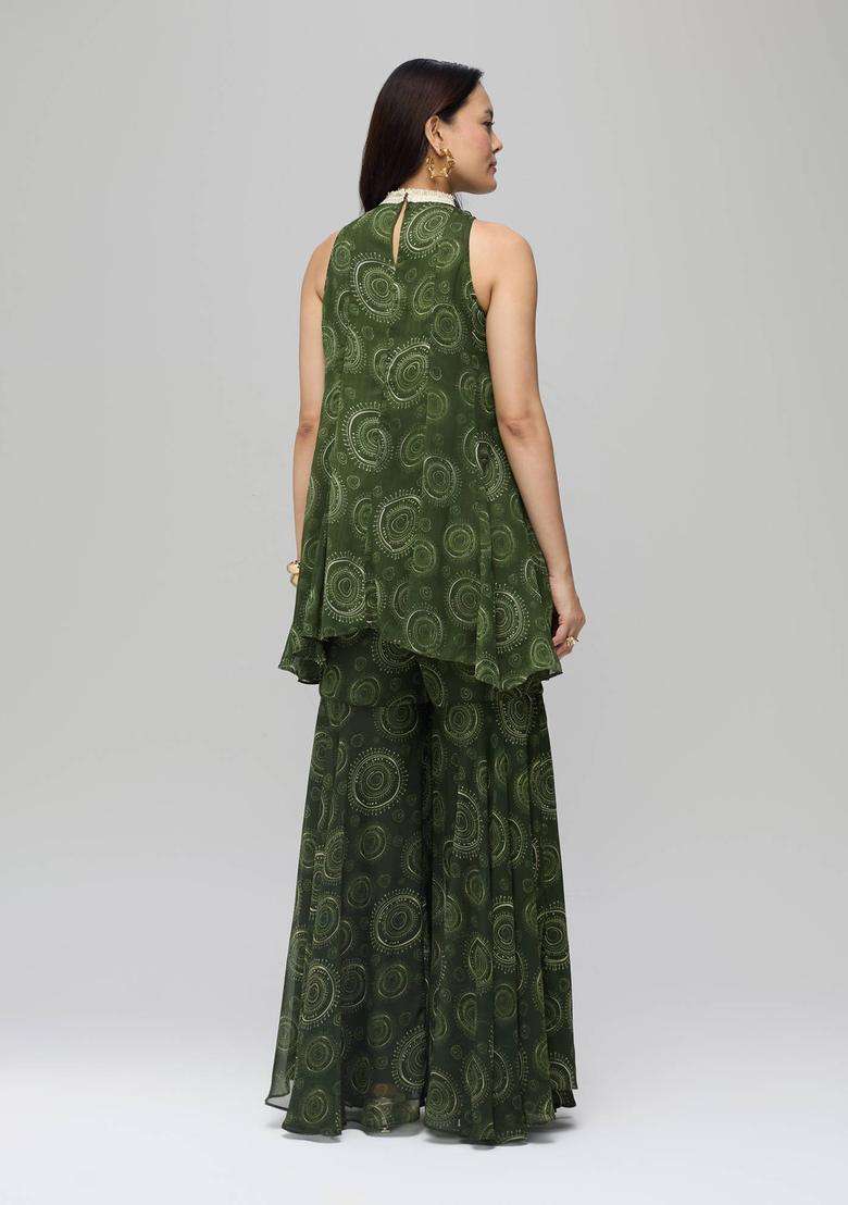 Green Chiffon Printed High Neck Panel Kurta with Sharara Set of 2 for Women Festive Wear - Indya