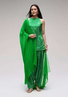 Green Chinon Bandhani Kurta Farsi Salwar and Dupatta Set of 3 for Women Festive Wear