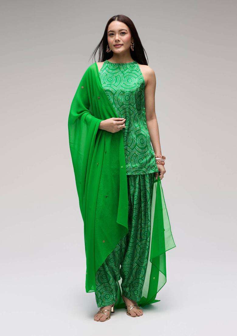 Green Chinon Bandhani Kurta Farsi Salwar and Dupatta Set of 3 for Women Festive Wear - Indya