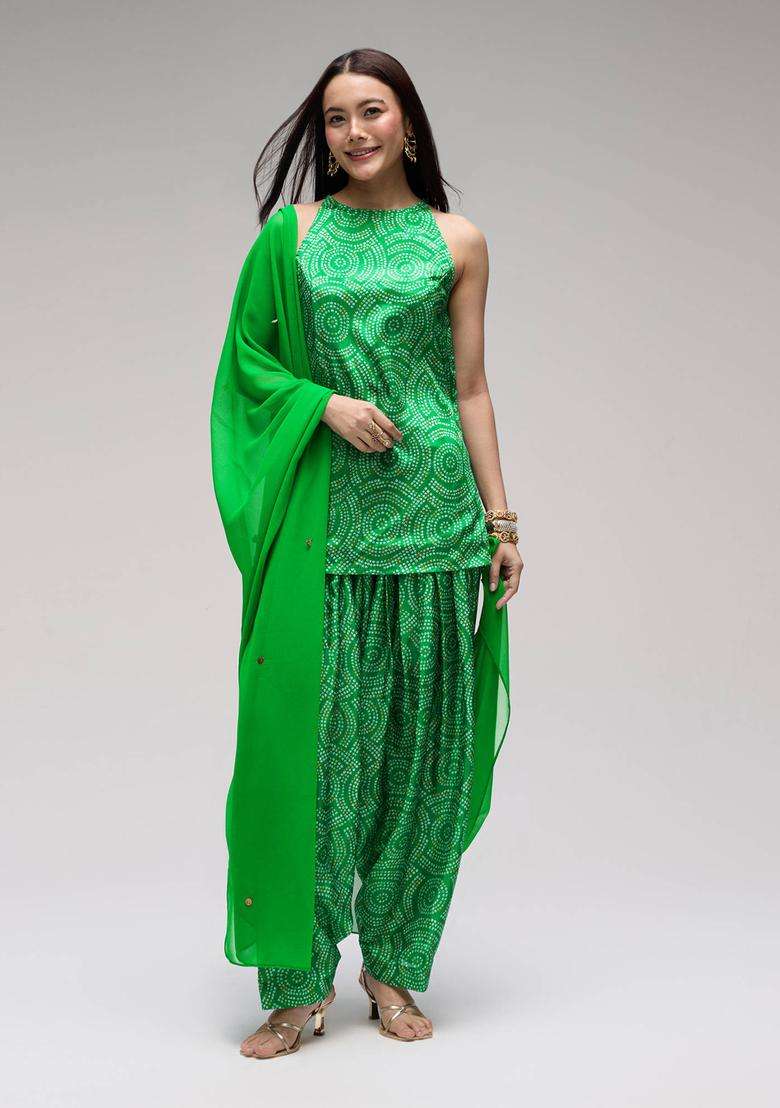 Green Chinon Bandhani Kurta Farsi Salwar and Dupatta Set of 3 for Women Festive Wear - Indya