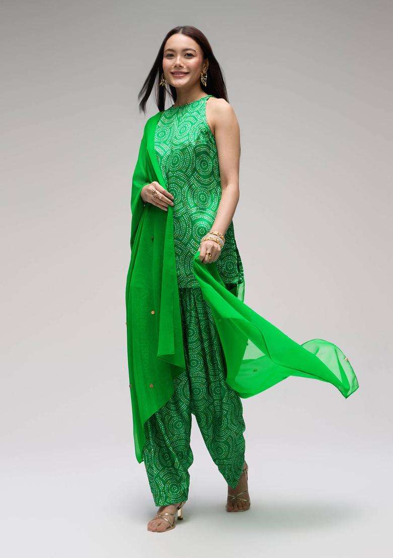 Green Chinon Bandhani Kurta Farsi Salwar and Dupatta Set of 3 for Women Festive Wear - Indya