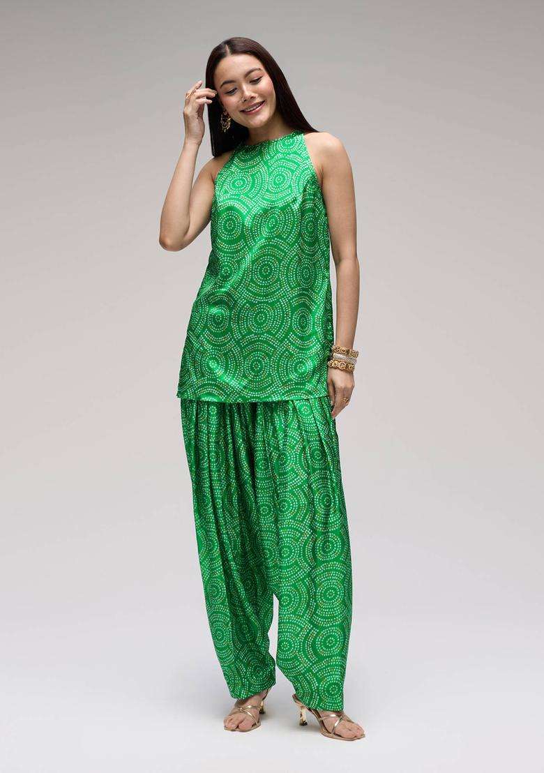 Green Chinon Bandhani Kurta Farsi Salwar and Dupatta Set of 3 for Women Festive Wear - Indya