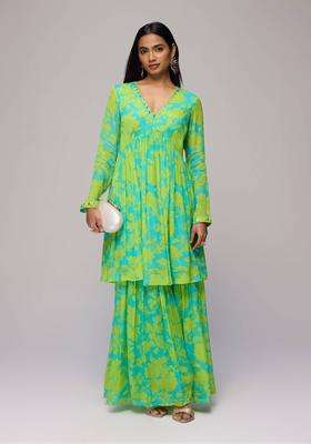 Green Chinon Floral Print Empire Kurta with Sharara Set of 2 for Women Festive Wear
