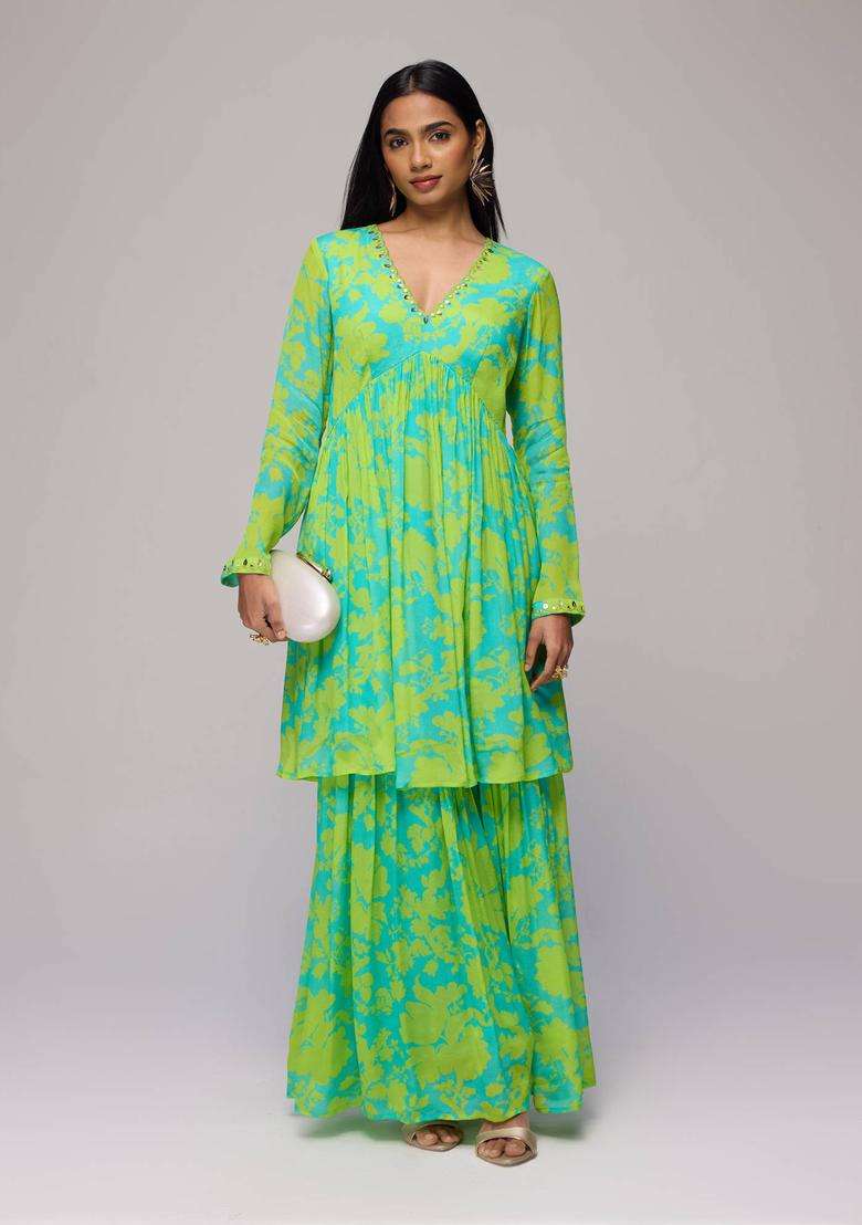 Green Chinon Floral Print Empire Kurta with Sharara Set of 2 for Women Festive Wear - Indya