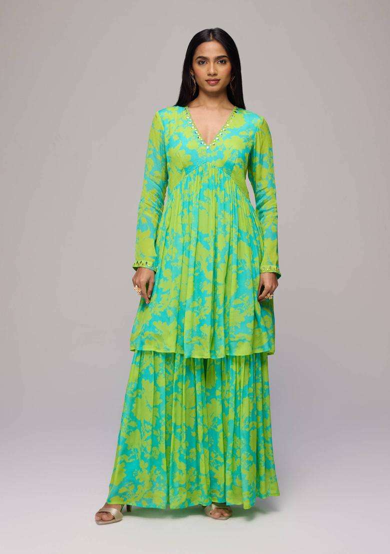 Green Chinon Floral Print Empire Kurta with Sharara Set of 2 for Women Festive Wear - Indya