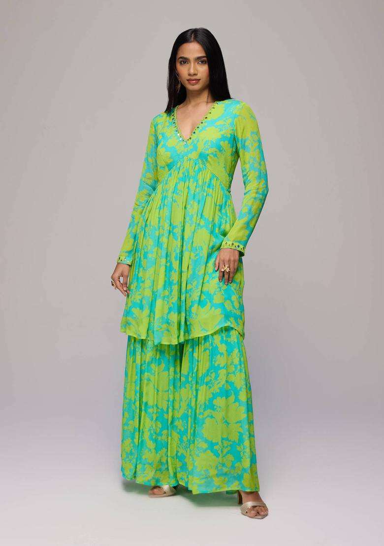 Green Chinon Floral Print Empire Kurta with Sharara Set of 2 for Women Festive Wear - Indya