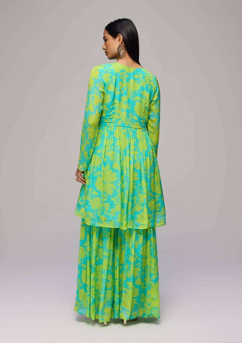 Green Chinon Floral Print Empire Kurta with Sharara Set of 2 for Women Festive Wear - Indya